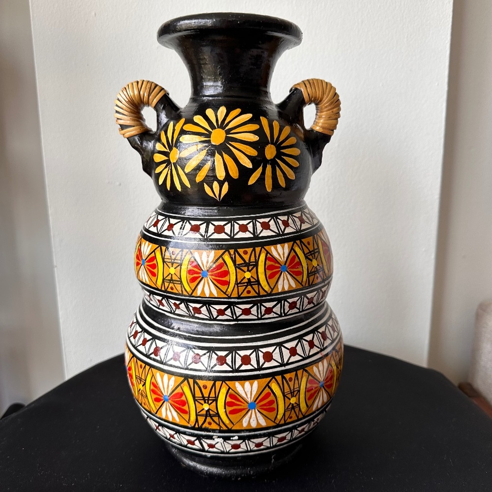 Vintage Heavy Hand-Painted Ceramic Vase – Black with Colorful Floral Motifs 14"